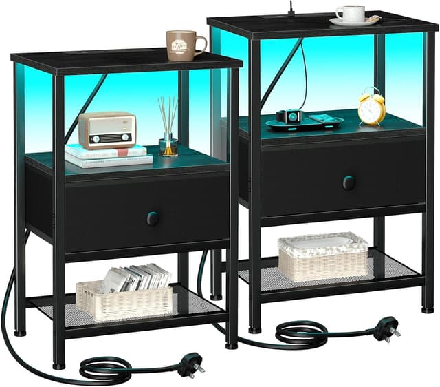 Detalle de AMHANCIBLE HETS01BK set of 2 bedside tables with charging station and RGB LED lights