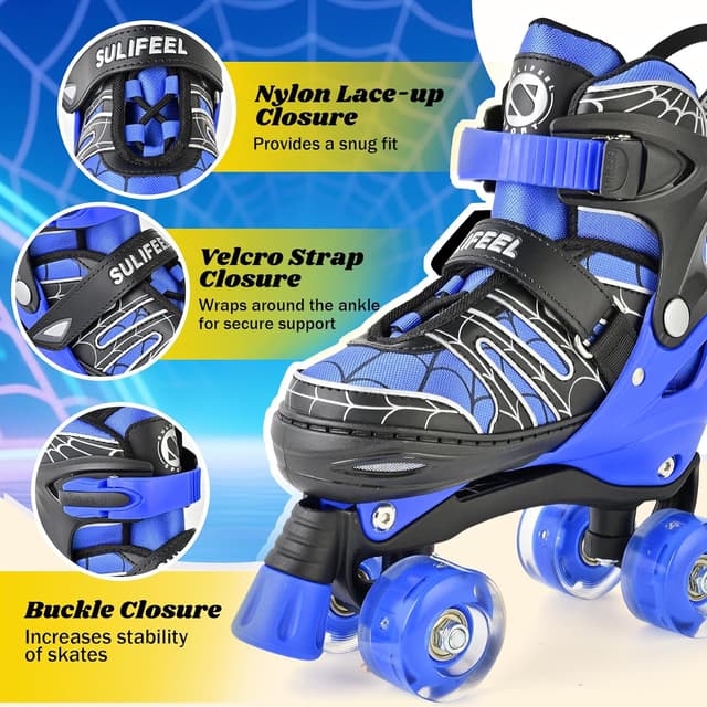 Detalle de SULIFEEL Adjustable Kids Roller Skates with Light-Up Wheels (Ages 3–12, 4-Size Adjustable Fit)