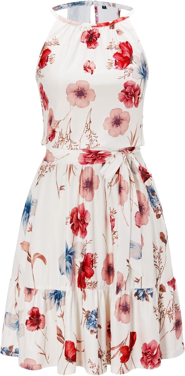 Detalle 2 de Newshows Damen Sommerkleid knielang mit Neckholder, Blumenmuster & Taschen