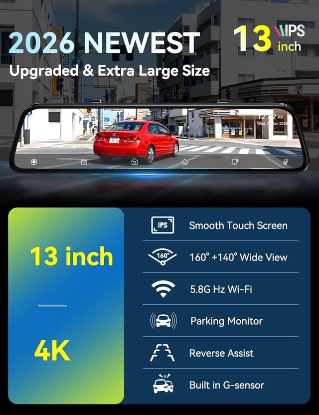 Detalle 2 de 2026 Ultrawide 13” 4K Rear View Mirror Camera with CarPlay & Android Auto, 5.8GHz WiFi, 64GB Card Included