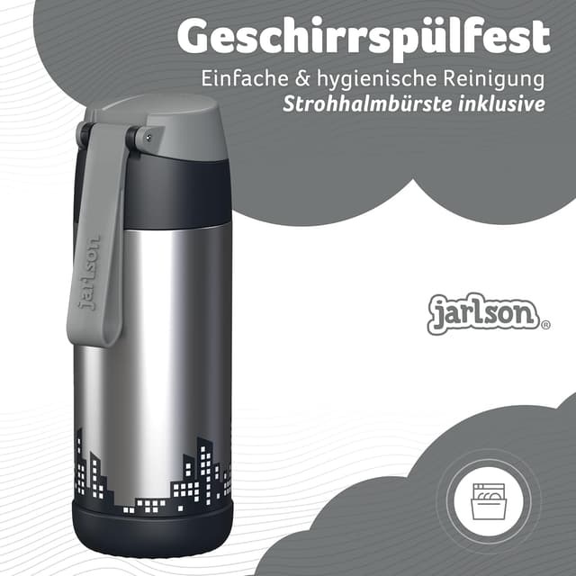 Detalle de JARLSON® Kinder-Trinkflasche Charli aus Edelstahl (350 ml) mit Strohhalm – auslaufsicher & Thermosflasche