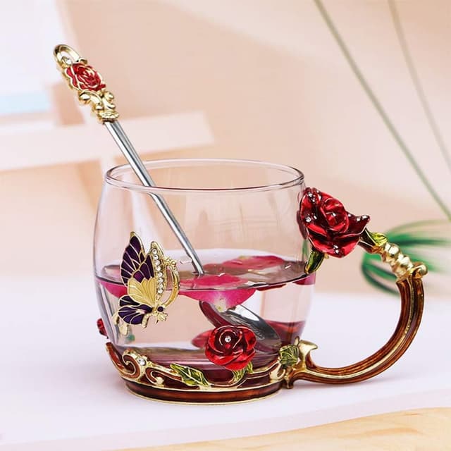 Detalle 2 de Luka Tech Enamel Butterfly & Rose Lead-Free Glass Coffee Mug with Steel Spoon (Rose)