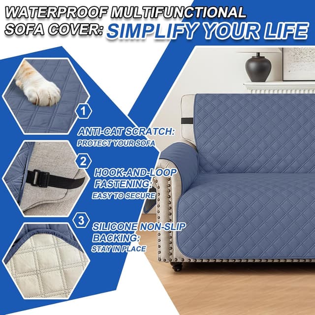 Thumbnail 6 de YSTELLAA copridivano impermeabile 4 posti con braccioli, antiscivolo e antigraffio (blu/grigio)