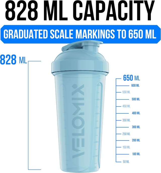 Detalle 2 de VELOMIX 6-Pack 828ml Protein Shaker Bottles with Wire Mixball (BPA-Free, Leak Proof)