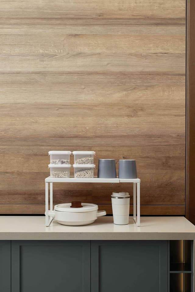 Detalle de Nxconsu Expandable Cabinet Shelf Organizer Riser Rack (Heavy-Duty Metal, White) — width 14.56–24.6 in