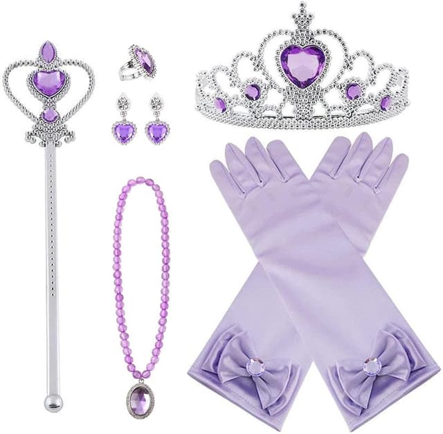 Detalle de Vicloon set di costumi da principessa con parrucca, tiara, bacchetta e accessori (8 pezzi / 9 pezzi) per bimbi 3–9 anni
