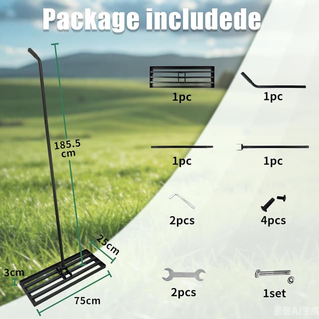 Detalle de Lawn Levelling Rake 75x25cm Heavy Duty with Ergonomic Curved Handle, 185cm