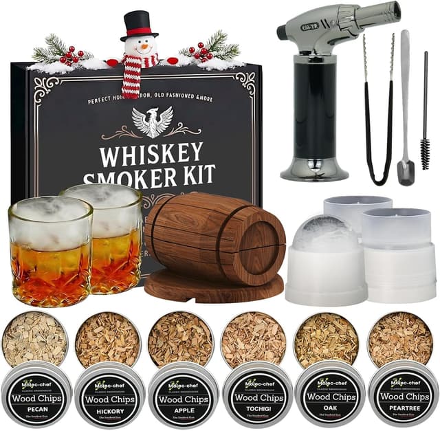 Detalle de Birthday Gifts for Men Whiskey Smoker Kit (No Butane) with Torch, 6 Wood Chip Flavors & Glasses