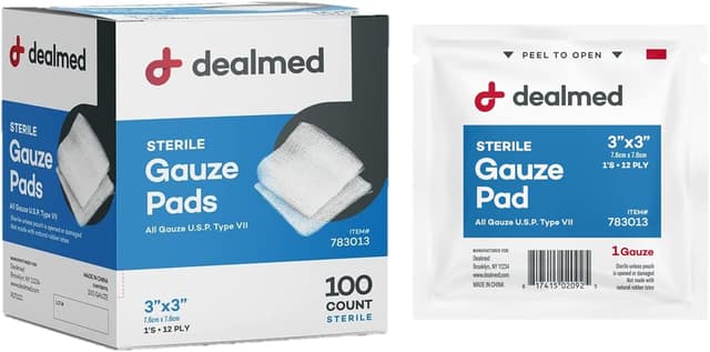 Detalle de Dealmed 3” x 3” Sterile Gauze Pads (100 Count) — Disposable, Individually Wrapped Wound Care Dressings