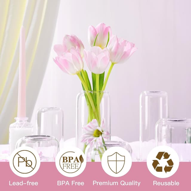 Detalle de ZENS Small Glass Vase Set of 6 – clear bud vases for table centrepieces and small flower arrangements
