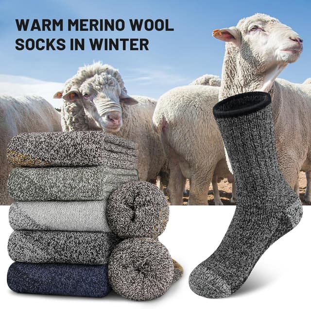Detalle de SIMIYA Merino Wool Socks for Men (5 Pairs) – thick thermal crew hiking socks