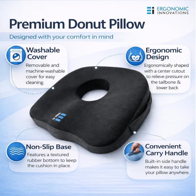 Detalle 2 de Large Donut Cushion for Coccyx Pain (Premium Orthopaedic Memory Foam Seat Cushion) – for tailbone relief