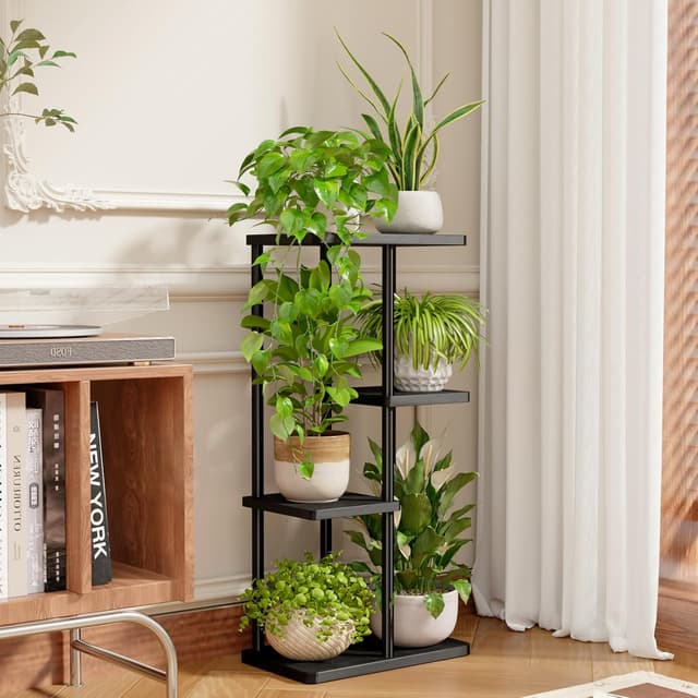 Detalle de Bamworld porta piante verticale da interno ed esterno con 4 ripiani in metallo e legno, nero