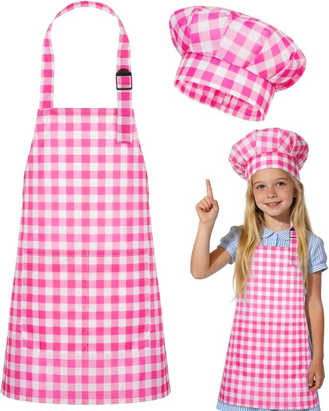 Detalle de DiULi grembiule per bambini regolabile con cappello da cuoco a quadri rosa
