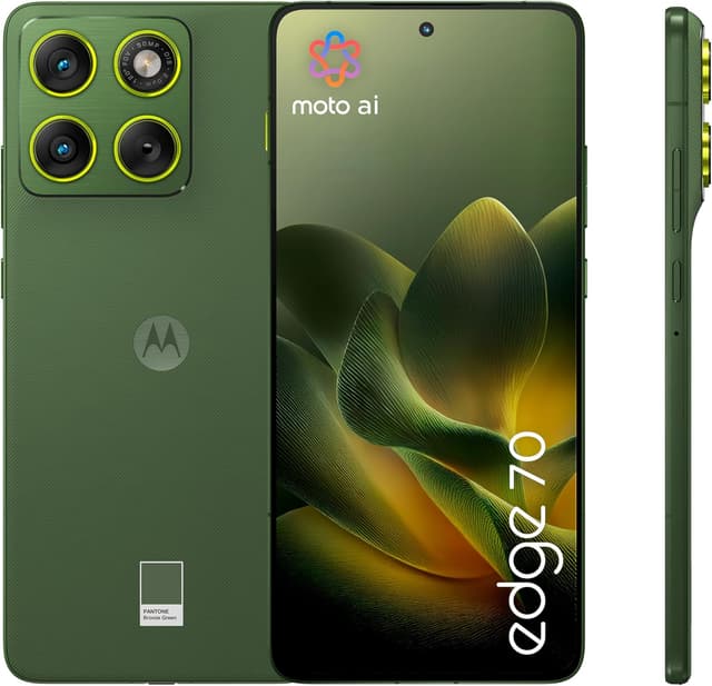 Detalle de Motorola Edge 70 Smartphone (Pantone Bronze Green) mit 50-MP-Kamera, 12/512 GB und IP68/IP69