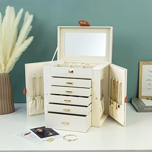Detalle 2 de KAMIER joyero para mujer grande con espejo, 6 niveles y 5 cajones (blanco y marrón)