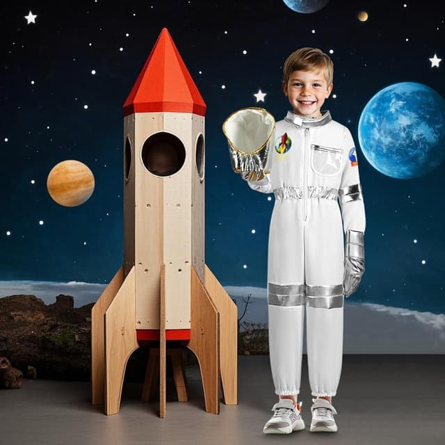 Thumbnail 6 de Aomig Astronaut Kostüm Kinder (3-teilig) in Weiß/Silber – Astronautenoverall mit Helm & Handschuhen, unisex für S–XL