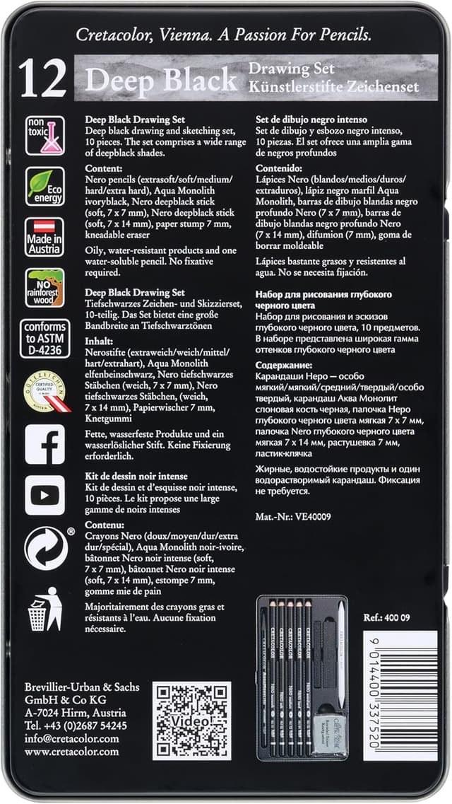 Detalle de Cretacolor Deep Black – Set de dessin noir profond (10 pièces) avec gomme et essuie-papier