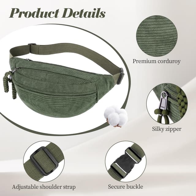 Detalle de Aucuu Cord-Bauchtasche/Umhängetasche Damen – klein, verstellbar, mit mehreren Reißverschlusstaschen