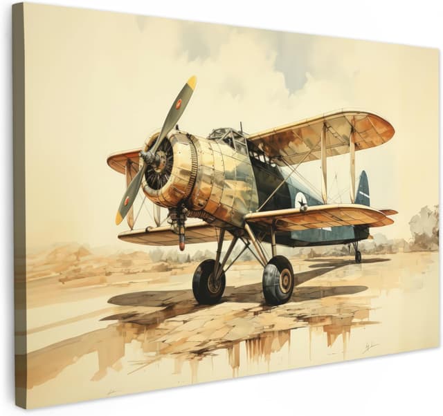 Detalle de MuchoWow Impression sur toile 90 x 60 cm (Avion, Beige) – tableau mural sur cadre en bois