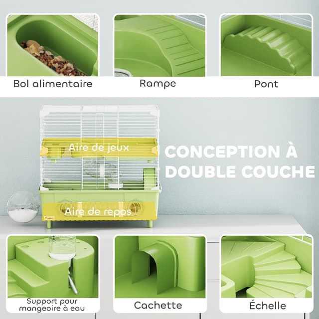 Detalle de PawHut Cage pour Hamster à 2 Niveaux avec roue de course et salle de bain en sable, 44,5 x 28 x 44 cm, vert