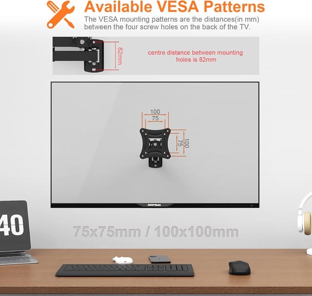 Detalle 2 de GRIFEMA GB1009-1 TV Wall Bracket for 10–27 inch TVs (VESA 75x75 to 100x100), up to 15kg, tilt & swivel, black