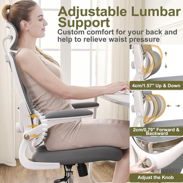 Detalle de TONFARY Ergonomic Office Chair (High Back Mesh) with Adjustable Lumbar, Flip-Up Arms & Removable Headrest – White + Grey