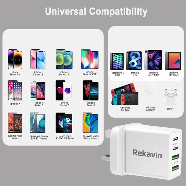 Detalle de Rekavin 40W USB Type-C Plug UK Multiport Fast Charger (Dual USB-C + Dual USB-A)