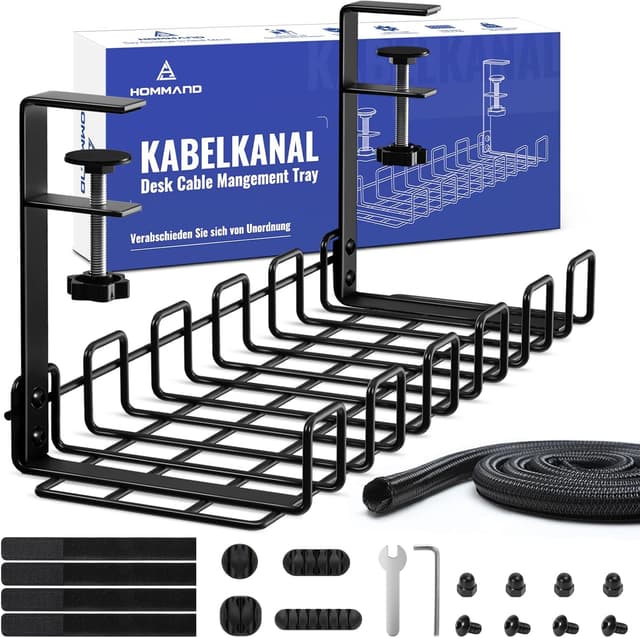 Detalle de HOMMAND Raccogli Cavi Scrivania in metallo con fissaggio senza fori, vassoio sotto il tavolo per ufficio e casa (nero)