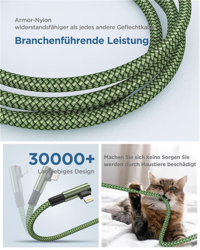 Detalle de Yosou Lightning Ladekabel (90°) mit MFi-Zertifizierung – 3er Set, je 2 m