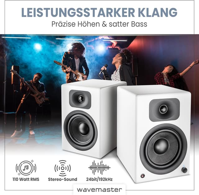 Detalle de Wavemaster TWO PRO white 66351 Regallautsprecher-Set mit Bluetooth-Streaming, digitalen Anschlüssen und IR-Fernbedienung