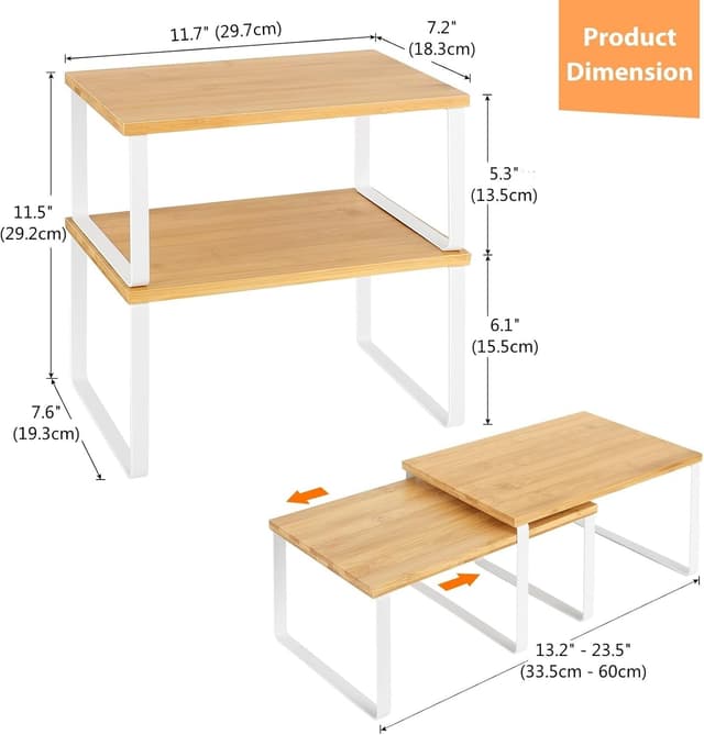 Detalle de NEX Bamboo Kitchen Cabinet & Counter Shelf Organizer (Set of 4) — Stackable, Expandable, White & Natural