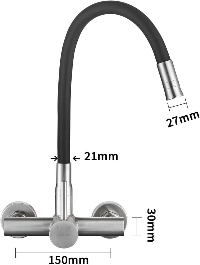 Thumbnail 6 de LakeBayMZC Rubinetto da cucina a montaggio a parete in acciaio inox 304, nero con 2 tipi di getto e flessibile