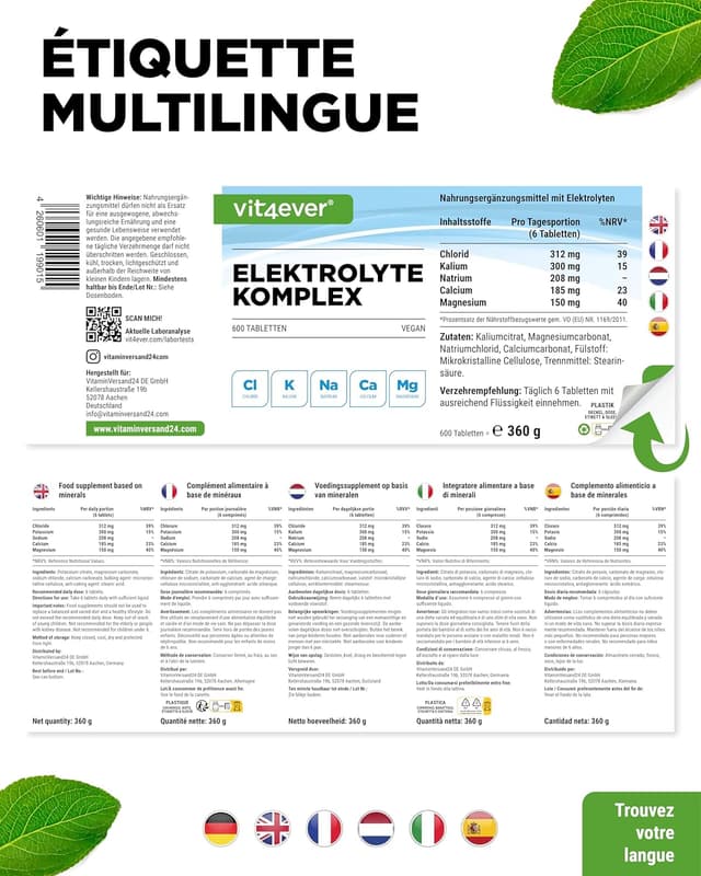 Detalle 2 de Vit4ever Vit4ever Électrolytes – 600 comprimés véganes avec magnésium, calcium, potassium, sodium et chlorure
