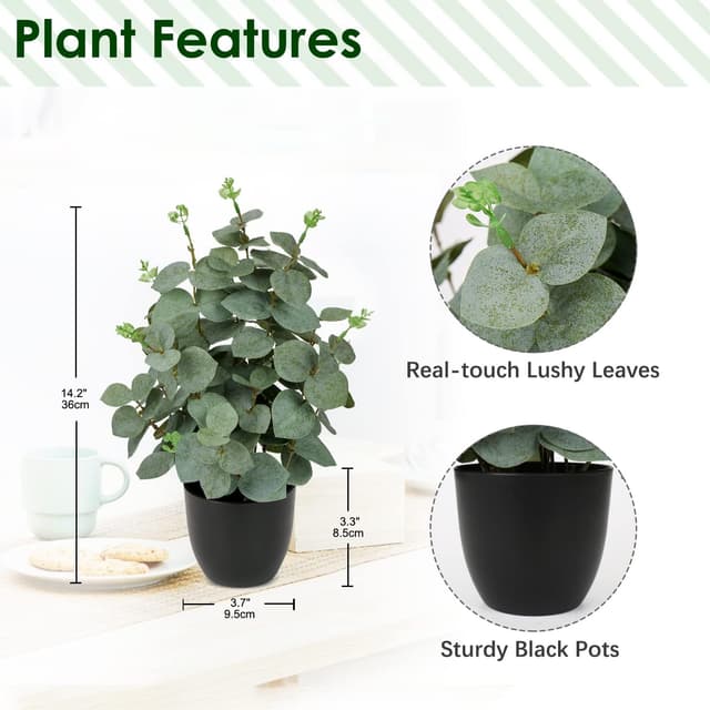 Detalle de Oairse artificial eucalyptus plant in black pot (36cm) for home decor
