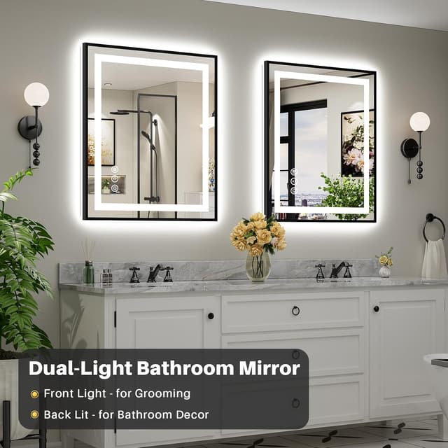 Detalle de Briivue 36x30 Inch LED Bathroom Mirror with Black Frame (Dual Front Light + Backlit, Anti-Fog, Dimmable)