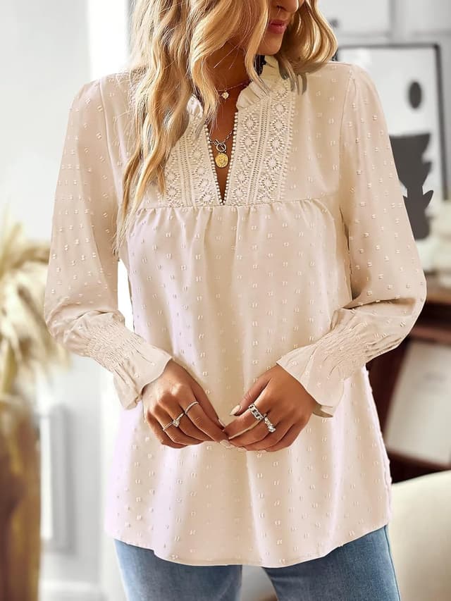 Detalle de TUUHAW Langarmshirt Damen mit V-Ausschnitt und Häkelspitze – Boho-Bluse für lässige & elegante Outfits