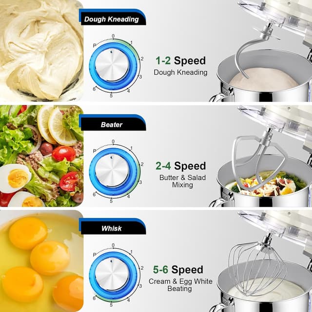 Detalle de CHeflee Robot pâtissier 2000 W 8 L avec 6 vitesses et accessoires (bol inox, fouet, batteur, crochet)