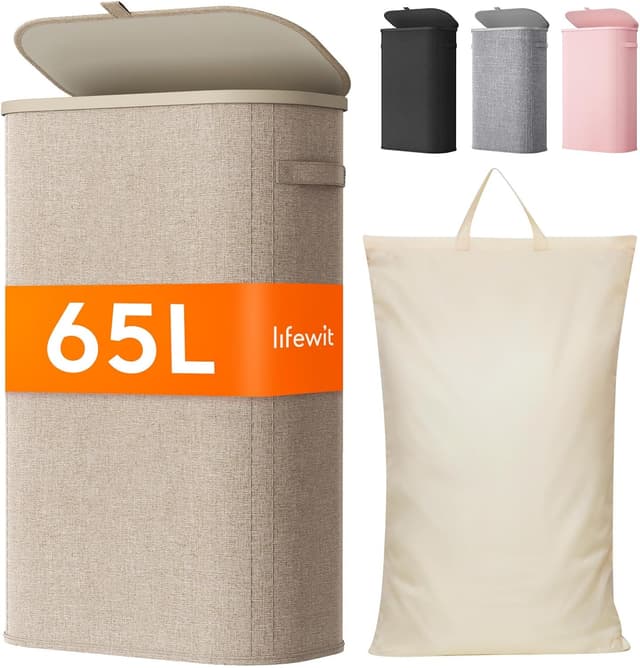 Detalle de Lifewit Schmaler Wäschekorb mit Deckel, 65 l – faltbarer Wäschesortierer mit Kunststoffrahmen, beige