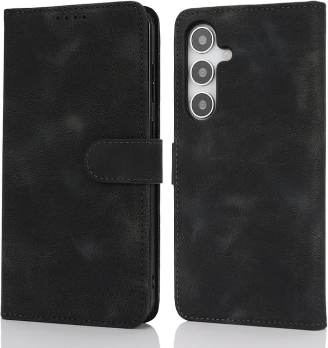 Detalle de Zouzt Hülle für Samsung Galaxy S25 Plus – Stoßfeste PU-Leder Klapphülle mit Kartenhalter und Standfunktion (Vintage Schwarz)