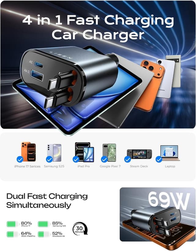 Thumbnail 6 de LISEN Retractable 69W Car Charger for iPhone