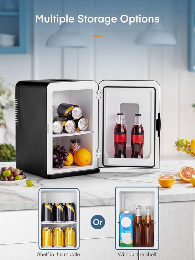 Detalle de FOHERE 2-in-1 Mini-Kühlschrank (15 l) mit Kühl- und Heizfunktion – DC/AC für Auto, Büro & Wohnheim, ECO-Low-Noise – Schwarz