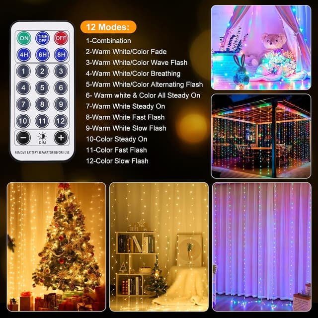 Detalle de A.bigwhale Lichtervorhang für innen 3x3 m mit 300 LEDs, dimmbar, 12 Modi, Timer & Fernbedienung