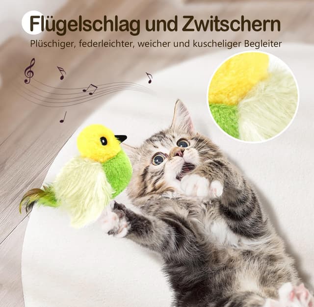 Detalle de Migipaws elektrisches interaktives Katzenspielzeug mit echten Flügeln, Zwitschern & Katzenminze (wiederaufladbar, grün)