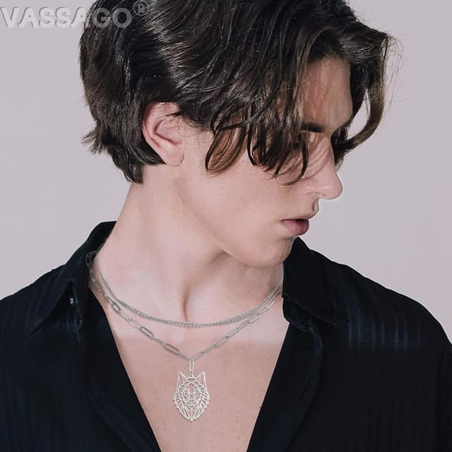 Detalle 2 de VASSAGO Wolf Halskette aus Edelstahl mit Wolf-Anhänger im Gothic/Punk-Stil (Herren & Damen)