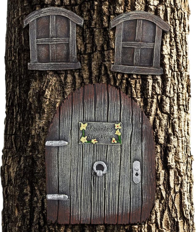Detalle de Relaxdays décoration pour tronc d’arbre marron – maison de lutins, elfes et fées (3 pièces : 2 fenêtres + 1 porte)