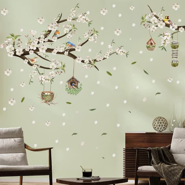 Detalle de HPNIUB Flower Tree Branch Birds Wall Stickers (White floral wall art) 84 x 30cm