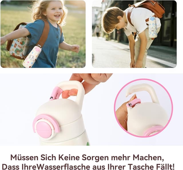 Detalle de SANTECO Kinder Thermosflasche mit Strohhalm 500 ml, auslaufsicher, Edelstahl, BPA-frei (rosa Motiv)