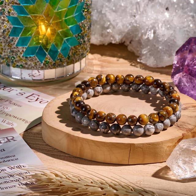 Detalle de Bivei 3-teiliges Perlenarmband mit Natursteinen (Ojo de Tigre & Picasso-Jaspis) für Damen – handgefertigt