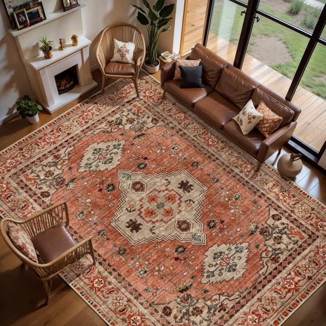 Detalle 2 de Tangsoo Boho 6x9 Washable Area Rug with TPE Non-Slip Backing, Low Pile Terracotta Print (Oriental Vintage)